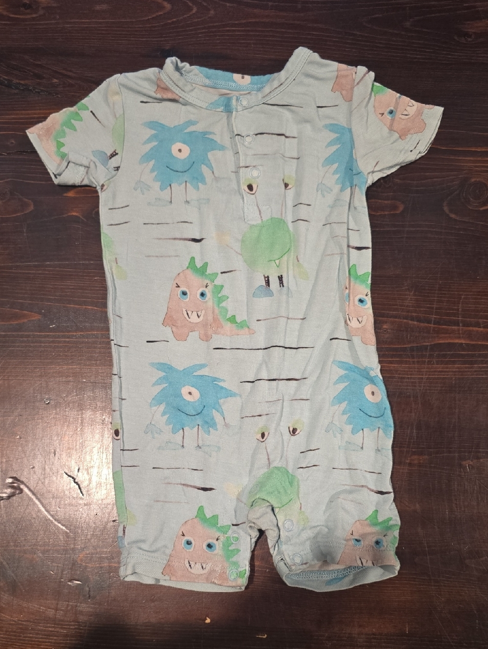 ​Birdie Bean "Vince" Monster Bamboo Shortie Henley Romper - 6-12M